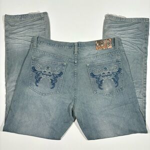 Y2K Baresi Mall Brand Light Wash Distressed Crown Embroidered Jeans Size 36x33